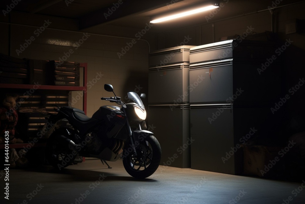 dimly lit storage area with a motorbike. Generative AI
