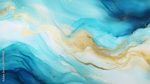 Abstract liquid background. Cyan blue liquid watercolor background with golden stains. Marble effect. 