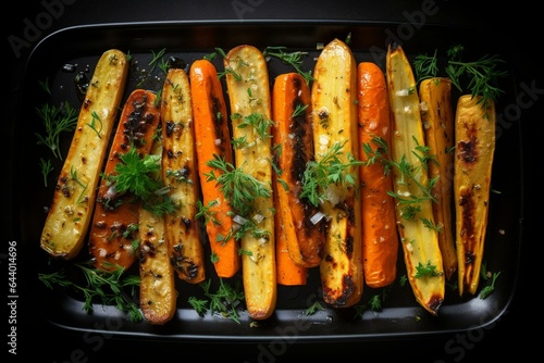 Overhead view of roasted carrots and parsnips on a black table. Generative AI © Camilo