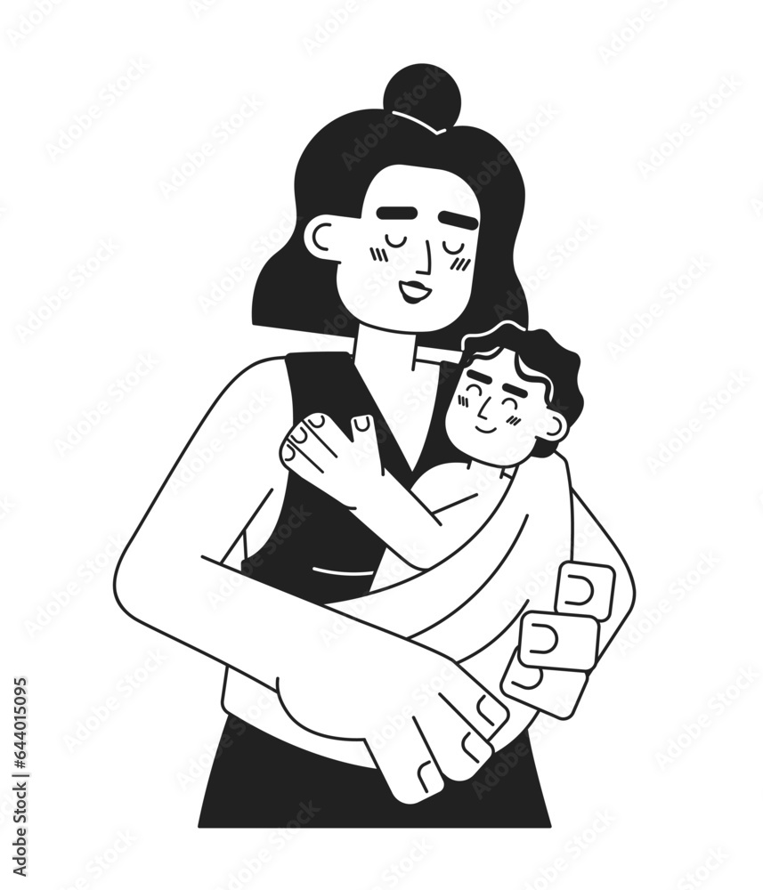 Happy maternity monochrome concept vector spot illustration. Cheerful latina mother holding baby in sling 2D flat bw cartoon characters for web UI design. Isolated editable hand drawn hero image