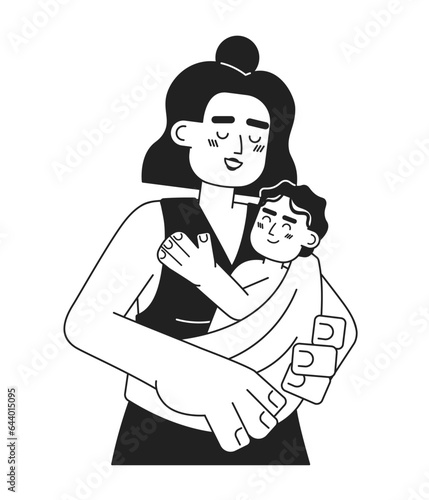 Happy maternity monochrome concept vector spot illustration. Cheerful latina mother holding baby in sling 2D flat bw cartoon characters for web UI design. Isolated editable hand drawn hero image