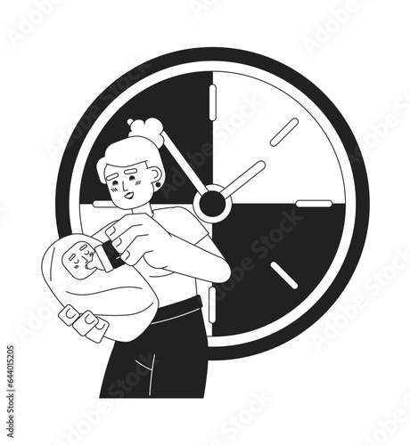 Baby feeding in time monochrome concept vector spot illustration. Care. Mother gives bottle for newborn 2D flat bw cartoon characters for web UI design. Isolated editable hand drawn hero image