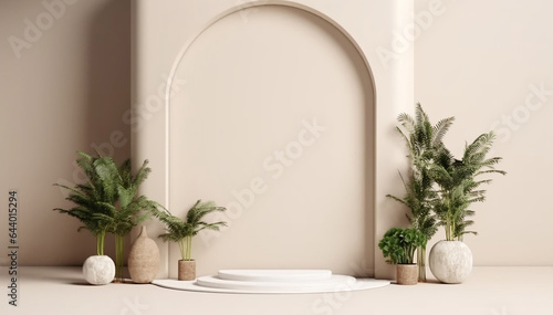 Framed wall with copy space. Abstract minimal geometric forms scene. Podium with plants on beige white background. Template blank mockup. Product presentation. Modern podium, stage pedestal, platform.