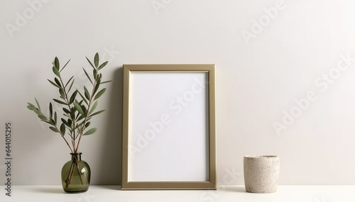 Blank template canvas. Frame mockup on table. White wall background. Closeup frame border design. Copy space for painting, poster, picture, art on table. Template blank mockup. Interior decor style © ladyalex