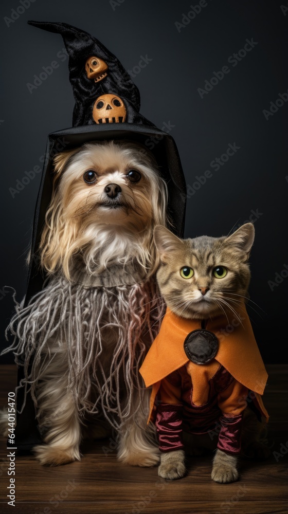 Dog wearing spooky costume for party. Horizontal shot of a happy cute puppy dressed in funny clothes and looking at the camera. Happy Halloween, autumn and Humanised animals concept..