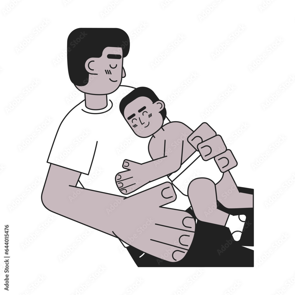 Skin to skin sleeping monochrome concept vector spot illustration. Bond between father and child. Fatherhood 2D flat bw cartoon characters for web UI design. Isolated editable hand drawn hero image