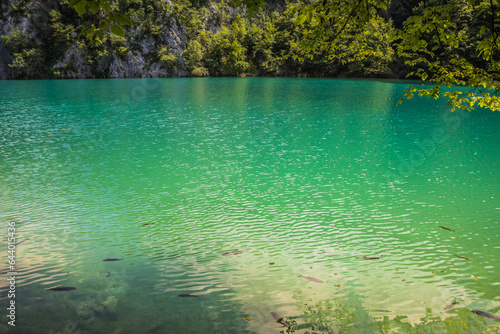 View of the beautiful clear blue Plitvice Lakes. Rocks and green trees around lakes with blue water. Breathtaking view in the Plitvice Lakes National Park .Croatia