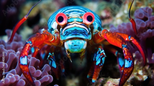Vibrant mantis shrimp underwater on coral reef. Sea life macro background..