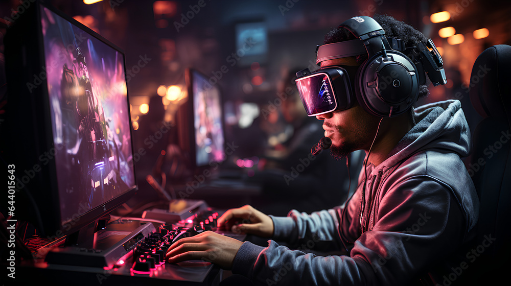 Young man playing computer games at night. Gaming and entertainment concept. Young man playing computer games at night. Gaming and entertainment concept.