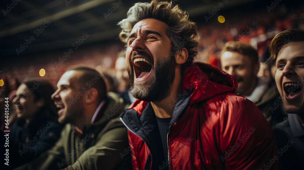 Excited football fan screaming in the stands of the stadium during the match.