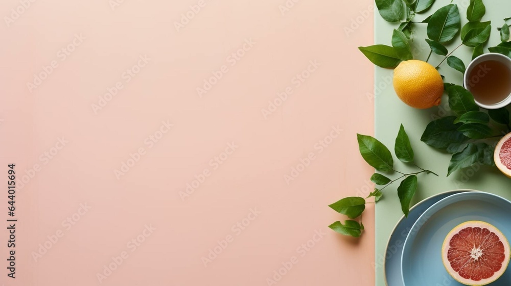 Flat lay with citrus and foliage Flat lay with citrus and foliage
