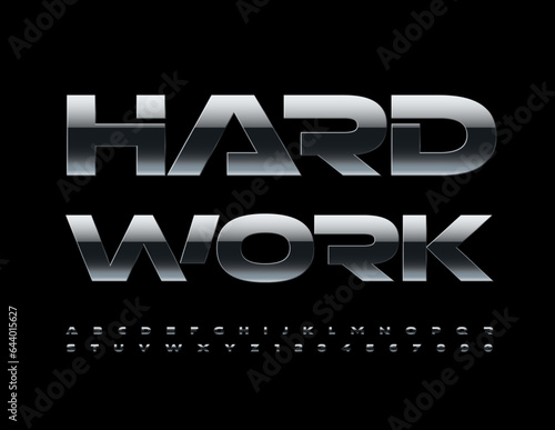 Vector metallic icon Hard Work. Dark Silver Font. Futuristic style Letters, Numbers and Symbols