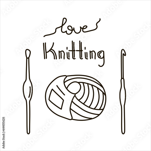 Vector black line illustration on knitting with text, wool yarn and crochet hooks.