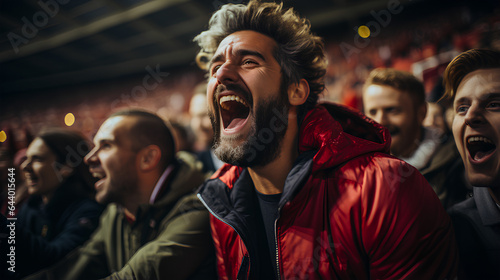 Excited football fan screaming in the stands of the stadium during the match.
