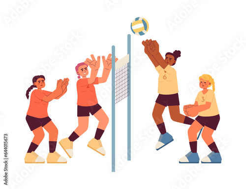 Sportswomen playing volleyball flat concept vector spot illustration. Team sport. Game with ball. Championship 2D cartoon characters on white for web UI design. Isolated editable creative hero image