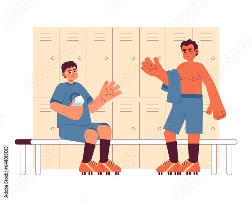Men in changing room flat concept vector spot illustration. Multinational football players 2D cartoon characters on white for web UI design. Team isolated editable creative hero image