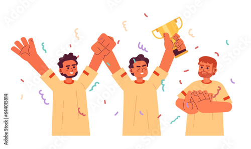 Men celebrating victory flat concept vector spot illustration. Winning. Teammates with cup. Party with confetti 2D cartoon characters on white for web UI design. Isolated editable creative hero image