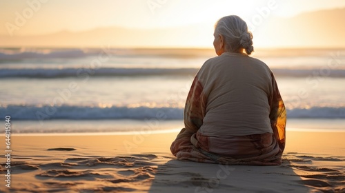 Elderly woman sitting at lotus pose meditating on seashore. Lifestyle portrait of senior old lady with gray hair enjoying relaxing at beach doing yoga. .