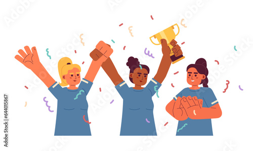 Girls holding golden cup flat concept vector spot illustration. Celebrating. Female teammates on party. Winning 2D cartoon characters on white for web UI design. Isolated editable creative hero image