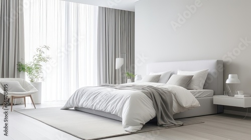 Serene Simplicity: A Minimalistic White and Gray Bedroom. Generative AI 1 © NormanBalberan