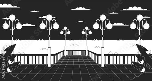 Night waterfront with streetlights black and white lo fi aesthetic wallpaper. Nighttime city quay, glowing lampposts outline 2D vector cartoon cityscape illustration, monochrome lofi background