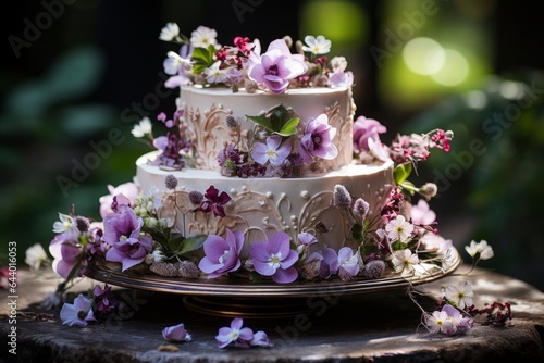 Garden Inspired Cake Adorned With Edible Flowers, Generative AI