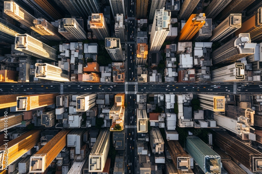 Birds eye view of the busy streets and tall buildigs. Beautiful illustration picture