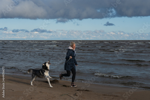 A girl with a husky dog ​​runs on the beach on Lake Peipus on an autumn day.