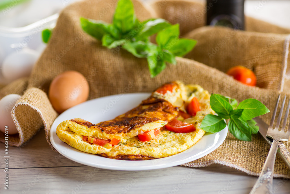 Stuffed omelette with tomatoes on a light wooden background.