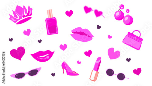 Glamorous trendy pink set. Pink fashion doll accessories. Doll collection for girls. Isolated vector. Crown, perfume, lipstick, lips, kiss, purse, sunglasses, earrings high heels hearts