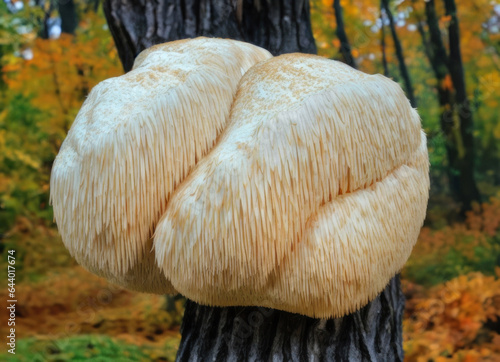 Lion's Mane mushroom on oak tree in the autumn forest. ( Hericium erinaceus ).