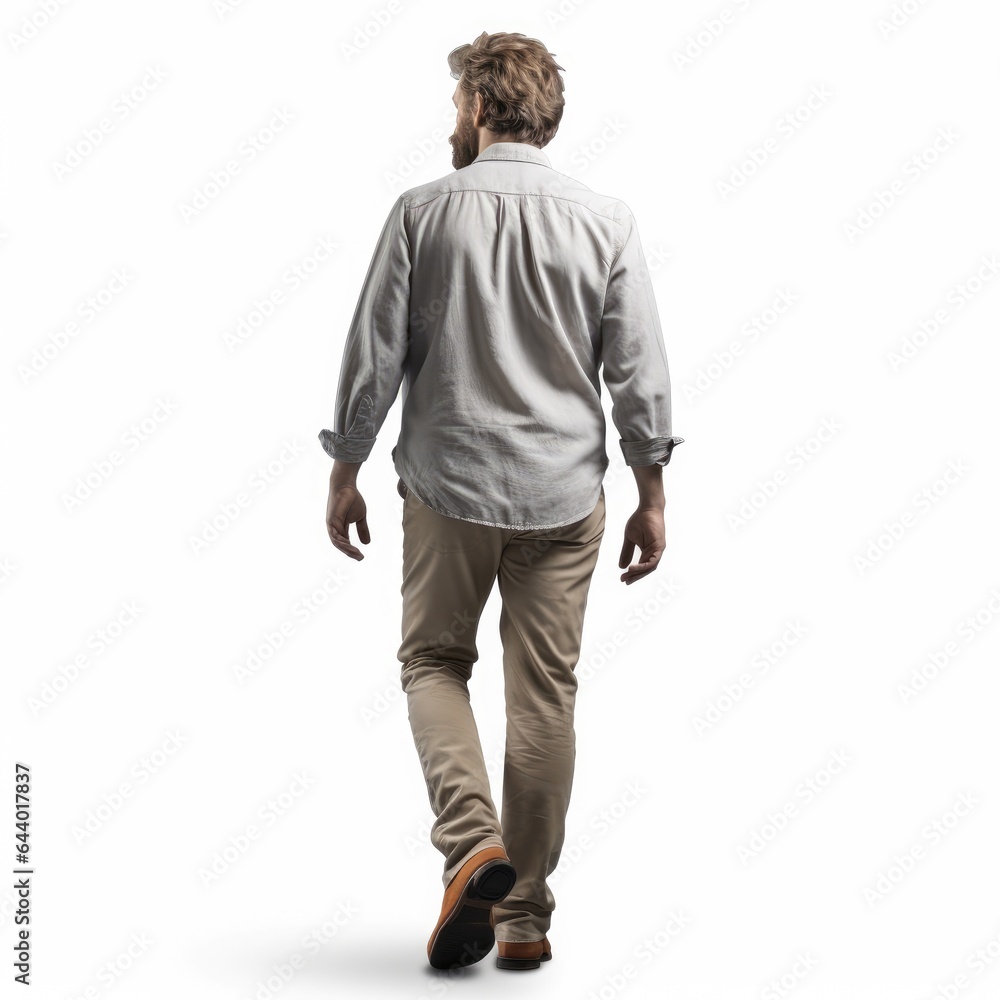 A young, stylish man, viewed from behind, walking with a pensive expression. A young, stylish man, viewed from behind, walking with a pensive expression.