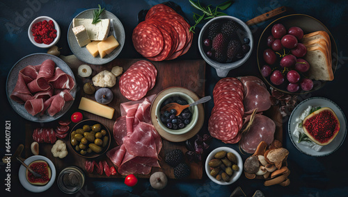 A delightful Italian antipasto meal with a variety of sliced meats, cheeses, and bread on a wooden board.