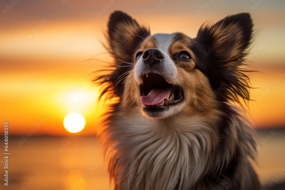 Studio portrait photography of a happy papillon dog howling wearing a shark fin against a vibrant beach sunset background. With generative AI technology