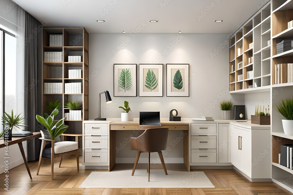 Stylish workplace with desk, chair, bookcase and potted plants at home Stylish workplace with desk, chair, bookcase and potted plants at home