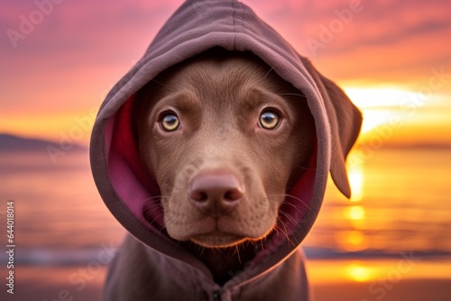 Headshot portrait photography of a cute labrador retriever nose bumping wearing a fluffy hoodie against a vibrant beach sunset background. With generative AI technology