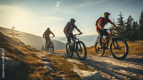 Two friends on electric bicycles enjoying a scenic ride through beautiful mountains