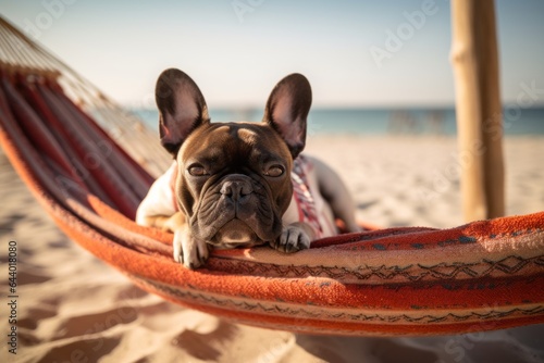 Photography in the style of pensive portraiture of a curious french bulldog sniffing around wearing a cooling bandana against a relaxing hammock on the beach background. With generative AI technology photo