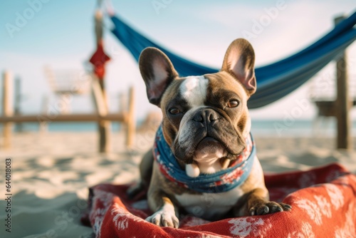 Photography in the style of pensive portraiture of a curious french bulldog sniffing around wearing a cooling bandana against a relaxing hammock on the beach background. With generative AI technology photo