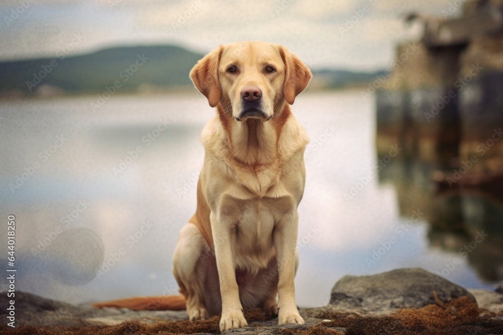 Photography in the style of pensive portraiture of a curious labrador retriever panting wearing a fairy wings against a beautiful coastal village background. With generative AI technology Photography in the style of pensive portraiture of a curious labrador retriever panting wearing a fairy wings against a beautiful coastal village background. With generative AI technology