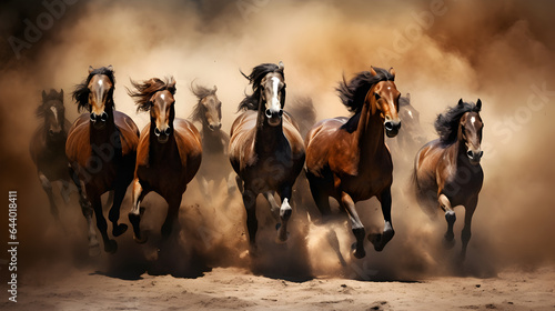 Brown Horses herd running with dust behind them