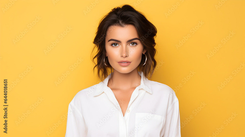 Beautiful woman with white t-shirt standing in yellow studio background Beautiful woman with white t-shirt standing in yellow studio background