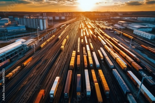 Large variety of cargo trains as seen from directly above. Global business of Container Cargo freight train. Rail transportation and maritime shipping. Autumn forest on background.