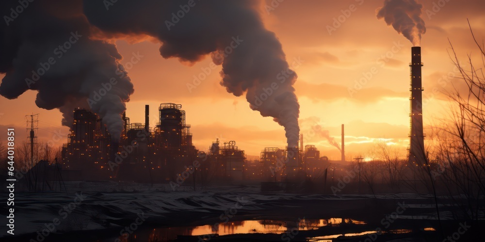 Smokestack pipes emitting co2 from coal thermal power plant into atmosphere. Smoke from heating station in big city during winter season at sunset. Smokestack pipes emitting co2 from coal thermal power plant into atmosphere. Smoke from heating station in big city during winter season at sunset.