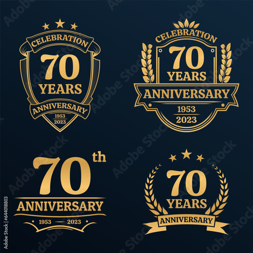 70 years anniversary icon or logo set. Vintage birthday banner design. 70th anniversary jubilee celebration golden badge or label collection. Vector illustration.