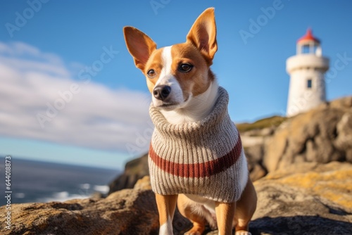 Group portrait photography of a funny norwegian lundehund showing belly wearing a cashmere sweater against a majestic lighthouse on a cliff background. With generative AI technology