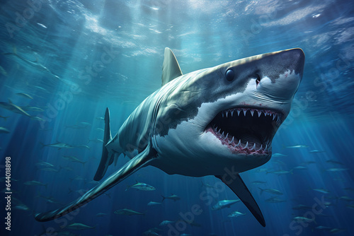 Adult great shark with a large mouth and many sharp teeth underwater  swimming on the hunt  fictional place and shark species