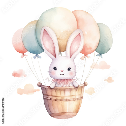 Watercolor bunny in a hot air balloon. Wall sticker with hand drawn rabbit and air ballon. Clip art image.