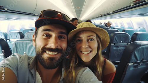 Couple tourists taking selfie inside a plane - Cheerful couple on a vacation in airplane, Holidays concept
