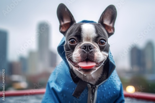 Close-up portrait photography of a smiling boston terrier nuzzling wearing a raincoat against a modern cityscape background. With generative AI technology © Markus Schröder